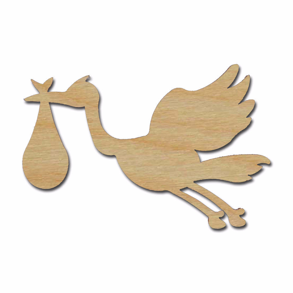 Stork With Baby Shape Unfinished Wood Craft Cutout Variety of Sizes
