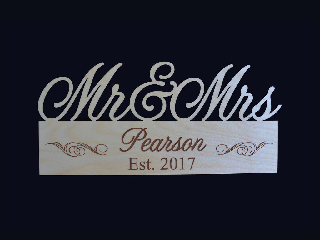 Mr & Mrs Family Name Engraved Wood Sign